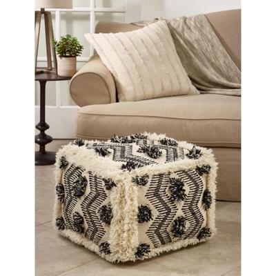 Saro Lifestyle Fringe Zig Zag Pouf, 20"x20"x14" Square, Black 4 Saro Lifestyle Fringe Zig Zag Pouf, 20"x20"x14" Square, Black - Image 2