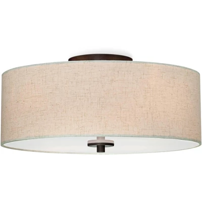 Regency Hill Sylvan Modern Ceiling Light Flush Mount Fixture 18" Wide Bronze 4-Light Oatmeal Fabric Drum Shade For Bedroom Kitchen Living Room Hallway 6 Regency Hill Sylvan Modern Ceiling Light Flush Mount Fixture 18" Wide Bronze 4-Light Oatmeal Fabric Drum Shade For Bedroom Kitchen Living Room Hallway - Image 4