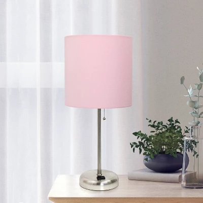 19.5" Bedside Power Outlet Base Metal Table Desk Lamp Brushed Steel With Fabric Shade Light Pink - Creekwood Home 9 19.5" Bedside Power Outlet Base Metal Table Desk Lamp Brushed Steel With Fabric Shade Light Pink - Creekwood Home - Image 7