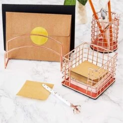 Paper Junkie 3-Pc Set Rose Gold Office Supplies Desk Organizer Sticky Note Pen Letter Holder