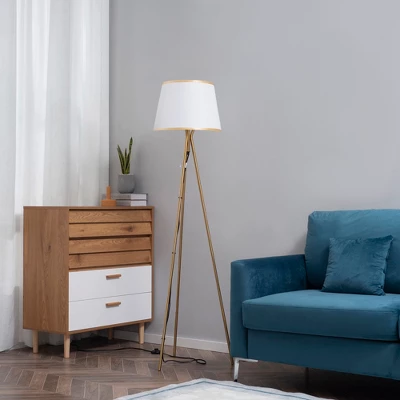 HOMCOM Modern Tripod Floor Lamp Free Standing Land Lamp W/ Steel Frame, Footswitch, Fabric Lampshade And E26 Base For Living Room, Bedroom, Gold 3 HOMCOM Modern Tripod Floor Lamp Free Standing Land Lamp W/ Steel Frame, Footswitch, Fabric Lampshade And E26 Base For Living Room, Bedroom, Gold