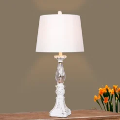 Distressed, Filigree Candlestick Mercury Glass Table Lamp Antique White - Fangio Lighting