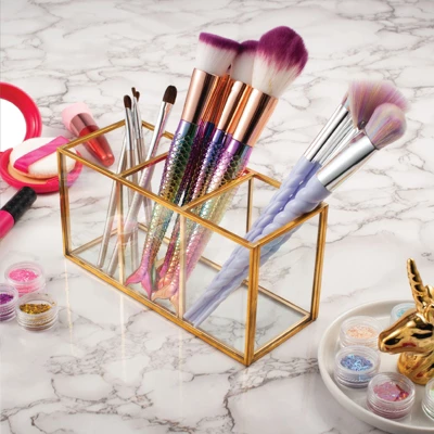 Gold Makeup Brush And Pencil Holder, Vintage Handmade Brass & Glass Cosmetic Pen Storage For Vanity, Countertop, Desk Organizer 5 Gold Makeup Brush And Pencil Holder, Vintage Handmade Brass & Glass Cosmetic Pen Storage For Vanity, Countertop, Desk Organizer - Image 3