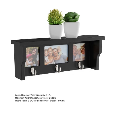 Wall Shelf And Picture Collage With Ledge And 3 Hanging Hooks- Photo Frame Decor Shelving With Modern Look, Holds 3 Photos By Hastings Home (Black) 5 Wall Shelf And Picture Collage With Ledge And 3 Hanging Hooks- Photo Frame Decor Shelving With Modern Look, Holds 3 Photos By Hastings Home (Black) - Image 3