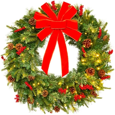 Best Choice Products Pre-Lit Battery Powered Christmas Wreath Decoration W/ PVC Tips, Ribbons 9 Best Choice Products Pre-Lit Battery Powered Christmas Wreath Decoration W/ PVC Tips, Ribbons - Image 7