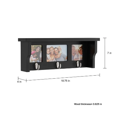 Wall Shelf And Picture Collage With Ledge And 3 Hanging Hooks- Photo Frame Decor Shelving With Modern Look, Holds 3 Photos By Hastings Home (Black) 4 Wall Shelf And Picture Collage With Ledge And 3 Hanging Hooks- Photo Frame Decor Shelving With Modern Look, Holds 3 Photos By Hastings Home (Black) - Image 2