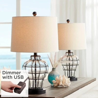 360 Lighting Hudson Rustic Accent Table Lamps 23" High Set Of 2 Bronze Clear Glass USB Charging Port Drum Shade For Bedroom Living Room Bedside Desk 3 360 Lighting Hudson Rustic Accent Table Lamps 23" High Set Of 2 Bronze Clear Glass USB Charging Port Drum Shade For Bedroom Living Room Bedside Desk
