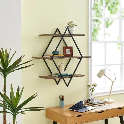3-Tier Antigua Crossed Double Diamond Wall Shelf Unit Black/Rustic - Danya B. 4 3-Tier Antigua Crossed Double Diamond Wall Shelf Unit Black/Rustic - Danya B. - Image 2