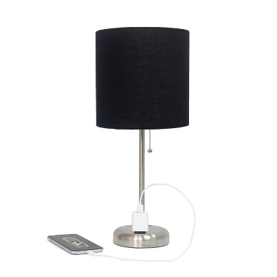 19.5" Bedside Power Outlet Base Metal Table Desk Lamp Brushed Steel With Fabric Shade Black - Creekwood Home 4 19.5" Bedside Power Outlet Base Metal Table Desk Lamp Brushed Steel With Fabric Shade Black - Creekwood Home - Image 2