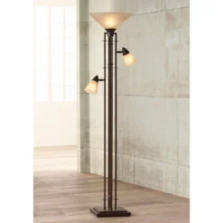 Franklin Iron Works Metro Mission Rustic Torchiere Floor Lamp With Side Lights 71" Tall Bronze Champagne Glass For Living Room Reading Bedroom Office