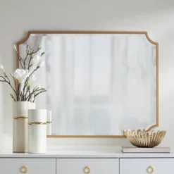 Noble Park Jacinda Rectangular Vanity Decorative Wall Mirror Modern Beveled Rounded Cut Edge Gold Frame 30" Wide For Bathroom Bedroom Living Room Home