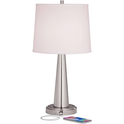 360 Lighting Karla Modern Table Lamps 25" High Set Of 2 Brushed Steel Column With USB Charging Port White Fabric Shade For Bedroom Living Room Desk 4 360 Lighting Karla Modern Table Lamps 25" High Set Of 2 Brushed Steel Column With USB Charging Port White Fabric Shade For Bedroom Living Room Desk - Image 2