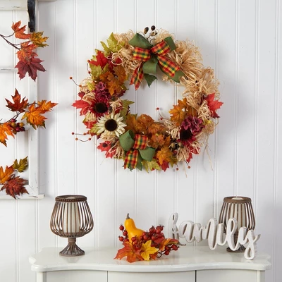 Nearly Natural 30” Harvest Autumn Sunflower, Maple Leaves And Berries Artificial Fall Wreath With Decorative Bows 4 Nearly Natural 30” Harvest Autumn Sunflower, Maple Leaves And Berries Artificial Fall Wreath With Decorative Bows - Image 2