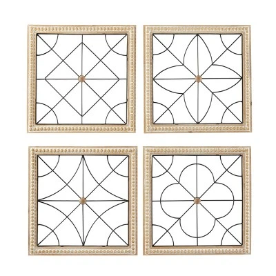 Set Of 4 Wood Geometric Carved Beading Wall Decors With Metal Wire Brown - Olivia & May 3 Set Of 4 Wood Geometric Carved Beading Wall Decors With Metal Wire Brown - Olivia & May