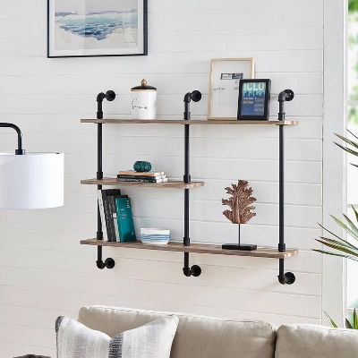 3-Tier Aurora Pipe Wall Shelf Unit Black/Rustic - Danya B. 3 3-Tier Aurora Pipe Wall Shelf Unit Black/Rustic - Danya B.