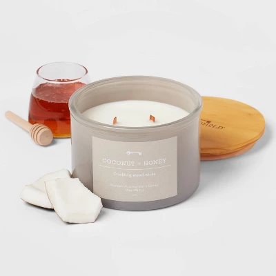 14oz Lidded Gray Glass Jar Crackling Wooden 3-Wick Candle With Paper Label Coconut And Honey - Threshold™ 4 14oz Lidded Gray Glass Jar Crackling Wooden 3-Wick Candle With Paper Label Coconut And Honey - Threshold™ - Image 2