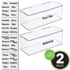 MDesign Plastic Stackable Home, Office Storage Box, 2 Pack + 32 Labels