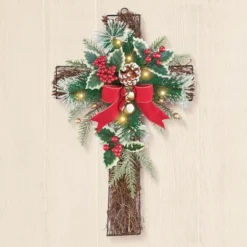 Collections Etc Sparkling LED Lighted Pine And Berries Wall Cross
