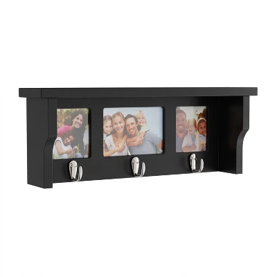 Wall Shelf And Picture Collage With Ledge And 3 Hanging Hooks- Photo Frame Decor Shelving With Modern Look, Holds 3 Photos By Hastings Home (Black) 3 Wall Shelf And Picture Collage With Ledge And 3 Hanging Hooks- Photo Frame Decor Shelving With Modern Look, Holds 3 Photos By Hastings Home (Black)
