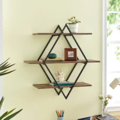 3-Tier Antigua Crossed Double Diamond Wall Shelf Unit Black/Rustic - Danya B.