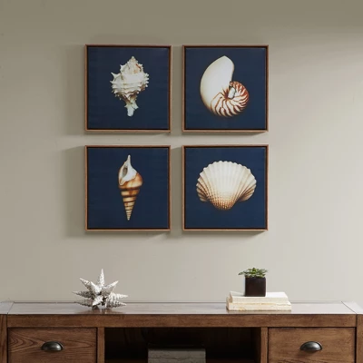 (Set Of 4) 12" Square Ocean Seashells Framed Canvas Decorative Wall Art Set Blue 3 (Set Of 4) 12" Square Ocean Seashells Framed Canvas Decorative Wall Art Set Blue