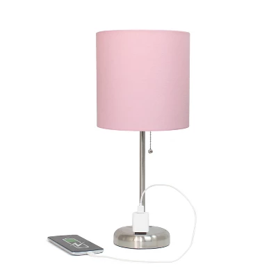 19.5" Bedside Power Outlet Base Metal Table Desk Lamp Brushed Steel With Fabric Shade Light Pink - Creekwood Home 4 19.5" Bedside Power Outlet Base Metal Table Desk Lamp Brushed Steel With Fabric Shade Light Pink - Creekwood Home - Image 2