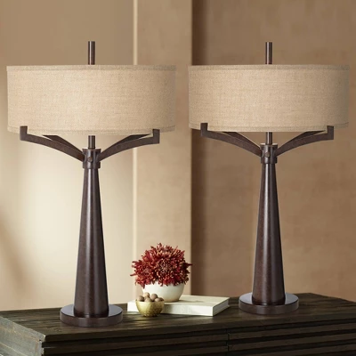 Franklin Iron Works Tremont Modern Mid Century Table Lamps 31 1/2" Tall Set Of 2 Rich Bronze Iron Burlap Fabric Drum Shade For Bedroom Living Room 3 Franklin Iron Works Tremont Modern Mid Century Table Lamps 31 1/2" Tall Set Of 2 Rich Bronze Iron Burlap Fabric Drum Shade For Bedroom Living Room