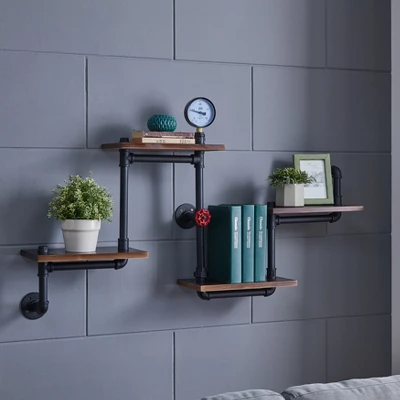 44.5" X 27.6" Tiered Horizontal Industrial Pipe Wall Shelf Brown/Black - Danya B. 3 44.5" X 27.6" Tiered Horizontal Industrial Pipe Wall Shelf Brown/Black - Danya B.