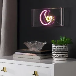 11.8" Moon Contemporary Glam Acrylic Box Pendant (Includes LED Light Bulb) Neon Pink/Yellow - JONATHAN Y -Home Decor Shop GUEST 8b4e4da4 f081 4acb 80b3 1bb34bf63ff3