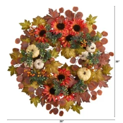 Nearly Natural 30” Fall Acorn, Sunflower, Berries And Autumn Foliage Artificial Wreath
