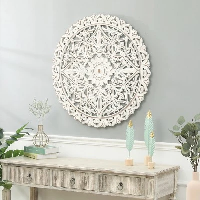 LuxenHome Distressed White Wood Flower Mandala 31.5" Round Wall Decor 4 LuxenHome Distressed White Wood Flower Mandala 31.5" Round Wall Decor - Image 2
