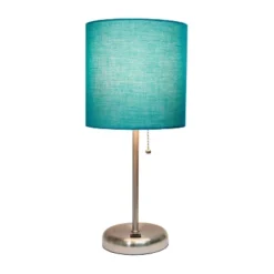 19.5" Bedside USB Port Feature Metal Table Desk Lamp Brushed Steel With Teal Fabric Shade - Creekwood Home