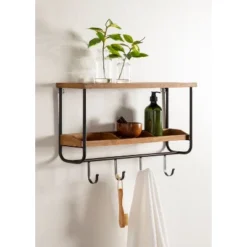 24" X 15" Oddell Wood Wall Shelf With Hooks Rustic Brown - Kate & Laurel All Things Decor -Home Decor Shop GUEST afb18a7a a41e 4eb1 bd24 50c02f52c263