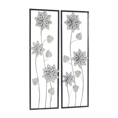 Set Of 2 Metal Floral Wall Decors With Black Frame Gray - Olivia & May 4 Set Of 2 Metal Floral Wall Decors With Black Frame Gray - Olivia & May - Image 2