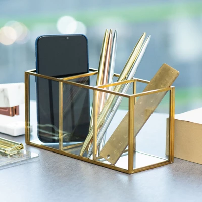 Gold Makeup Brush And Pencil Holder, Vintage Handmade Brass & Glass Cosmetic Pen Storage For Vanity, Countertop, Desk Organizer 3 Gold Makeup Brush And Pencil Holder, Vintage Handmade Brass & Glass Cosmetic Pen Storage For Vanity, Countertop, Desk Organizer