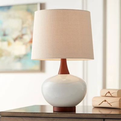 360 Lighting Brice Modern Mid Century Accent Table Lamp 23" High Ivory Ceramic Wood Neck Off White Drum Shade For Bedroom Living Room Bedside Office 3 360 Lighting Brice Modern Mid Century Accent Table Lamp 23" High Ivory Ceramic Wood Neck Off White Drum Shade For Bedroom Living Room Bedside Office