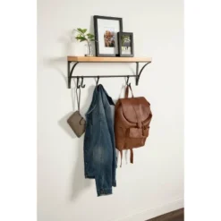24" X 9" Ozias Shelf With Hooks Rustic Brown/Black - Kate & Laurel All Things Decor -Home Decor Shop GUEST b97664b9 2716 4b0f 966a a9c11fe57d4b
