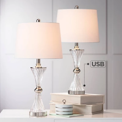 Regency Hill Luca Modern Table Lamps 25 1/2" High Set Of 2 Twisted Glass With USB Charging Port White Drum Shade For Bedroom Living Room Office Desk 3 Regency Hill Luca Modern Table Lamps 25 1/2" High Set Of 2 Twisted Glass With USB Charging Port White Drum Shade For Bedroom Living Room Office Desk