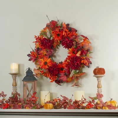 Northlight Leaves And Flowers Fall Harvest Wreath - 24-Inch, Unlit 3 Northlight Leaves And Flowers Fall Harvest Wreath - 24-Inch, Unlit