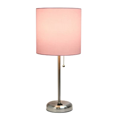 19.5" Bedside Power Outlet Base Metal Table Desk Lamp Brushed Steel With Fabric Shade Light Pink - Creekwood Home 3 19.5" Bedside Power Outlet Base Metal Table Desk Lamp Brushed Steel With Fabric Shade Light Pink - Creekwood Home