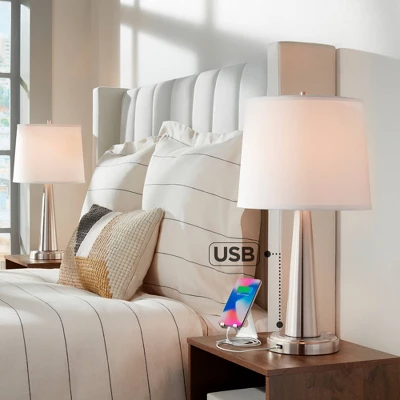 360 Lighting Karla Modern Table Lamps 25" High Set Of 2 Brushed Steel Column With USB Charging Port White Fabric Shade For Bedroom Living Room Desk 3 360 Lighting Karla Modern Table Lamps 25" High Set Of 2 Brushed Steel Column With USB Charging Port White Fabric Shade For Bedroom Living Room Desk