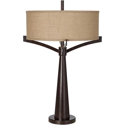 Franklin Iron Works Tremont Modern Mid Century Table Lamps 31 1/2" Tall Set Of 2 Rich Bronze Iron Burlap Fabric Drum Shade For Bedroom Living Room 8 Franklin Iron Works Tremont Modern Mid Century Table Lamps 31 1/2" Tall Set Of 2 Rich Bronze Iron Burlap Fabric Drum Shade For Bedroom Living Room - Image 6