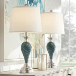 Regency Hill Arden Coastal Table Lamps 25" High Set Of 2 Green Blue Glass Twist Empire Shade For Bedroom Living Room Bedside Nightstand Office Family