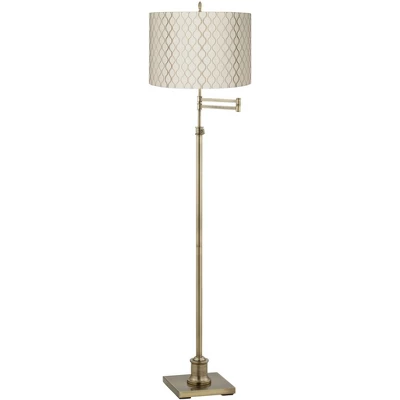 360 Lighting Swing Arm Floor Lamp Adjustable Height 70" Tall Antique Brass Off White Embroidered Hourglass Fabric Drum Shade Living Room 3 360 Lighting Swing Arm Floor Lamp Adjustable Height 70" Tall Antique Brass Off White Embroidered Hourglass Fabric Drum Shade Living Room