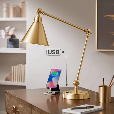 360 Lighting Wray Modern Desk Lamp 26 3/4" High Warm Brass Metal With USB Charging Port Adjustable Arm Head For Bedroom Living Room Bedside House Home 3 360 Lighting Wray Modern Desk Lamp 26 3/4" High Warm Brass Metal With USB Charging Port Adjustable Arm Head For Bedroom Living Room Bedside House Home