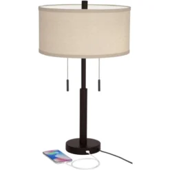 Franklin Iron Works Bernie Industrial Table Lamps 25" High Set Of 2 Rich Bronze With USB Charging Port Tan Drum Shade For Bedroom Living Room Bedside -Home Decor Shop GUEST e42c7b04 a2c4 4a2a 9042 1c05e4988751