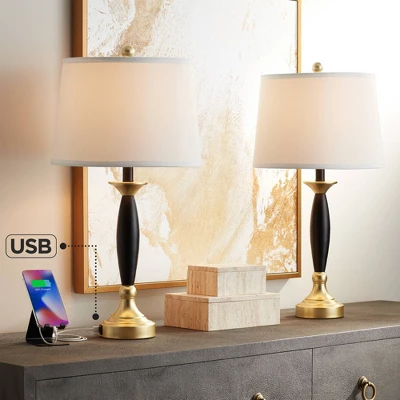 360 Lighting Kamila Traditional Table Lamps 27" Tall Set Of 2 Gold Black With Dual USB Charging Ports White Drum Shade For Bedroom Bedside Family Desk 3 360 Lighting Kamila Traditional Table Lamps 27" Tall Set Of 2 Gold Black With Dual USB Charging Ports White Drum Shade For Bedroom Bedside Family Desk