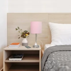 19.5" Bedside Power Outlet Base Metal Table Desk Lamp Brushed Steel With Fabric Shade Light Pink - Creekwood Home 14 19.5" Bedside Power Outlet Base Metal Table Desk Lamp Brushed Steel With Fabric Shade Light Pink - Creekwood Home -Home Decor Shop GUEST e6d28037 e795 4aa1 9c00 22cc5a7759fa