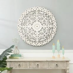 LuxenHome Distressed White Wood Flower Mandala 31.5" Round Wall Decor