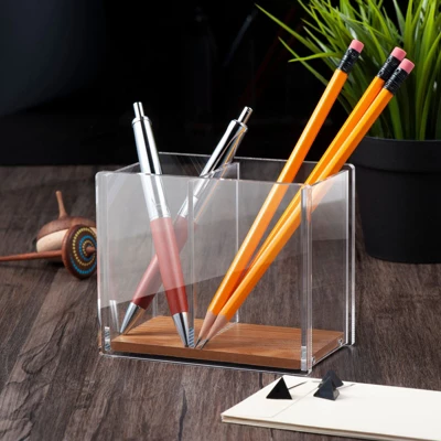 ZODACA Divided Clear Acrylic Wood Base Pen Holder 3 ZODACA Divided Clear Acrylic Wood Base Pen Holder